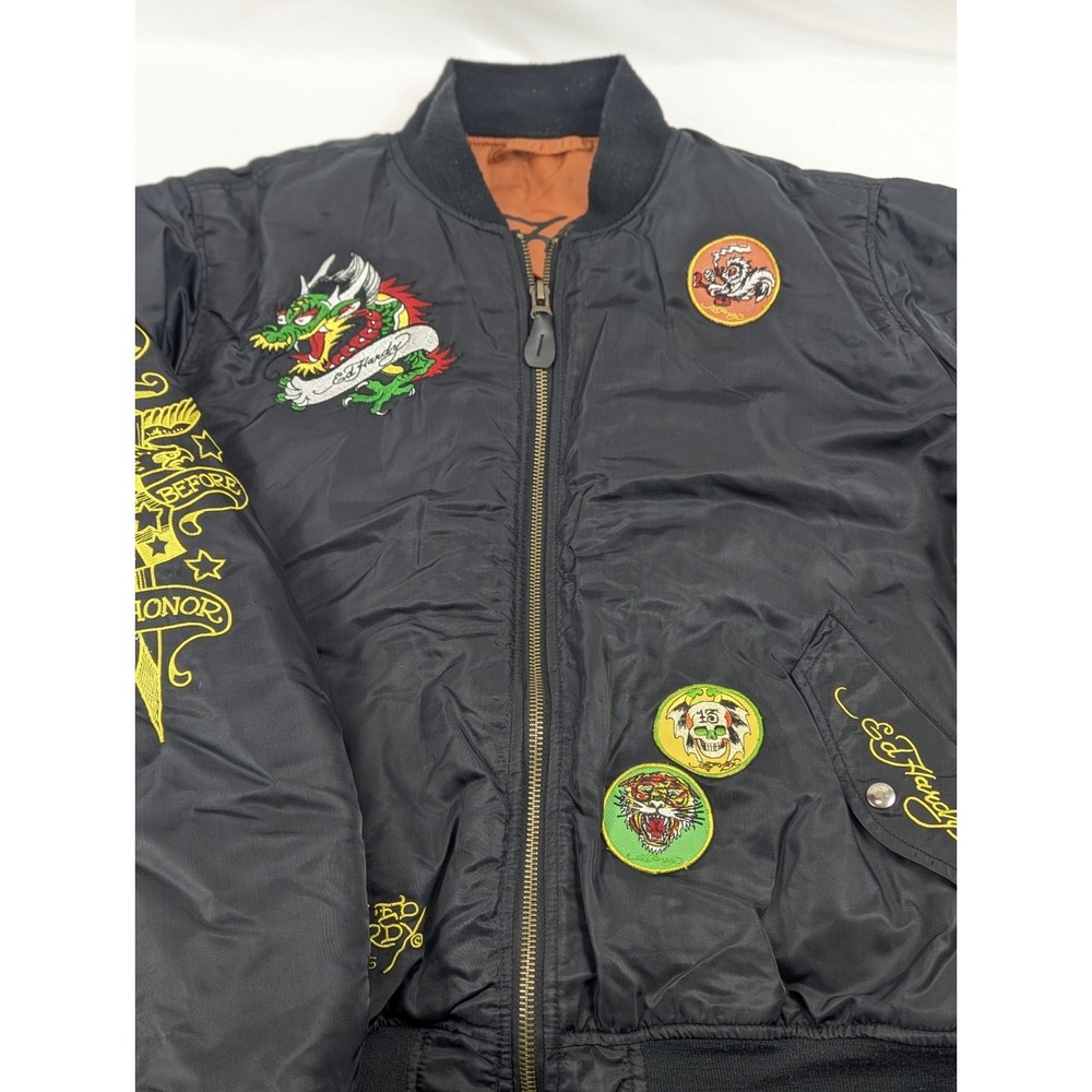 Ed Hardy Bomber Jacket Black Tattoo Patch Dragon Mens‎ Large - Picture 2 of 16
